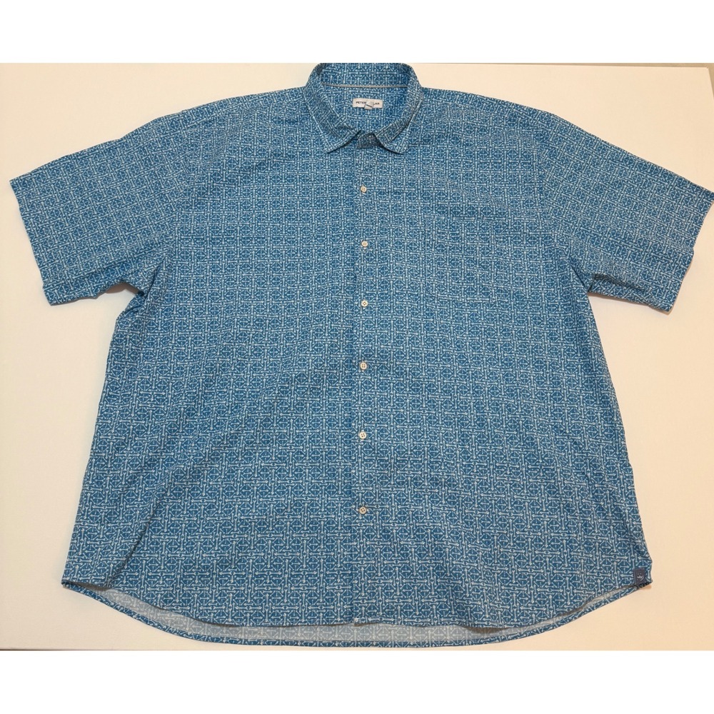 Peter Millar Mens 2X Blue White Fishbone Print Short Sleeve Button Down Shirt